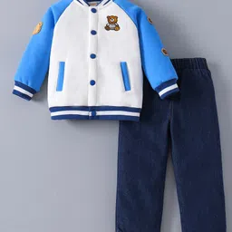 Kookie Kids Full Raglan Sleeves Front Open Winter Wear Set With Teddy Appliques - Blue & White image 3