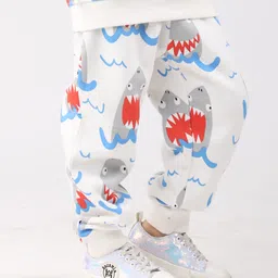Anthrilo Fleece Knit Sharks Printed Winter Joggers - Off White image 4