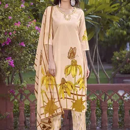 HRITIKA Women Floral Printed Regular Thread Work Kurta with Trousers & With Dupatta image 1
