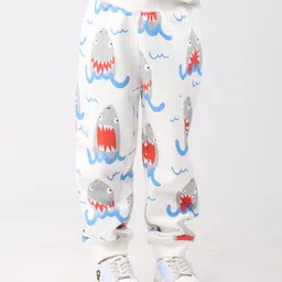 Anthrilo Fleece Knit Sharks Printed Winter Joggers - Off White image 5