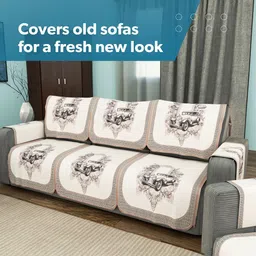 RUBOXA Brown & Cream-Coloured 16 Pieces Printed Cotton Sofa Cover With Arms image 5