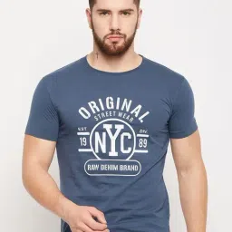 Cantabil Blue Cotton Regular Fit Printed T-Shirt-image-56