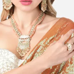 Zaveri Pearls Peach Meenakari Lotus Bridal Kundan Long Necklace Earring & Ring Set-ZPFK14749-image-74