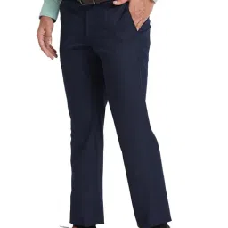 Park Avenue Navy Regular Fit Check Flat Front Trousers image 3
