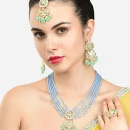 Zaveri Pearls Blue Green Multistrand Crystal Long Necklace Earring Maangtikka Ring Set-ZPFK14840-picture-40