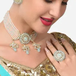 Zaveri Pearls Peach Turquoise Multistrand Beaded Kundan Choker Necklace Earring & Ring Set-ZPFK14842-picture-41