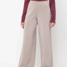 Guess Olympe Silk Taupe Solid High Rise Regular Fit Wide Leg Pants-picture-24