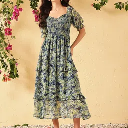 D 'VESH Floral Printed Puff Sleeve Fit and Flare Midi Dress-picture-12