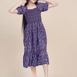 PTVIZE Floral Print Puff Sleeve Crepe A-Line Midi Dress image 5