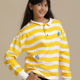 UNDER FOURTEEN ONLY Girls Striped Henley Neck Cotton T-shirt image 2