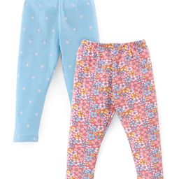 Babyhug Cotton Lycra Full Length Leggings Floral & Polka Dot Print Pack Of 2 - Pink & Blue-picture-37