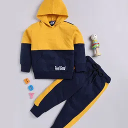 TOONYPORT Full Sleeves Feel Good Printed Colour Blocked Looper Knitted Hooded Sweatshirt & Joggers Set - Yellow & Black-image-95