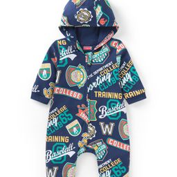 Babyhug 100% Cotton Interlock Knit Full Sleeves Hooded Romper with Text Print - Navy-picture-4
