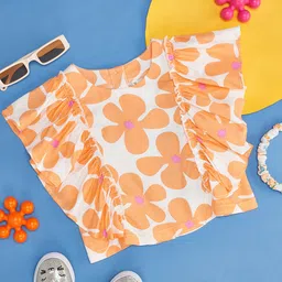 Pantaloons Junior Sleeveless Frill Detailed Floral Printed Top - Orange-picture-19