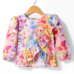 Hugsntugs Cotton Full Puffed Sleeves Floral Printed Frill Detailed Top - Multi Colour-picture-18