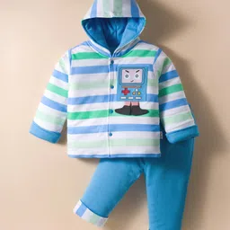 Child World Knit Winter Wear Full Sleeves Winter Wear Hooded T-Shirt & Lounge Pant Set With Stripes & Legs Applique - Blue-picture-37