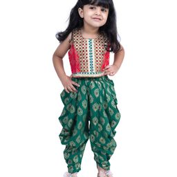 Twisha Woven Sleeveless Floral Embroidered Gota Lace Embellished Top & Dhoti Set - Red & Green-picture-38