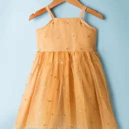 kookie kids india Kookie Kids Woven Sleeveless Party Frock with Mesh and Glitter and Sequined Flowers - Mustard-picture-15