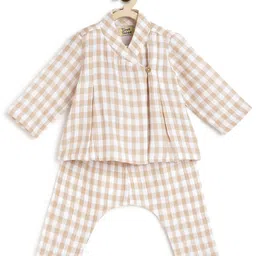 Tiber Taber Full Sleeves Checked Jhabla Set - Beige image 4