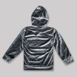 Sheer Love Velvet Knit Full Sleeves Super Text Embellished Hooded Tee With Pajama Set - Grey image 4