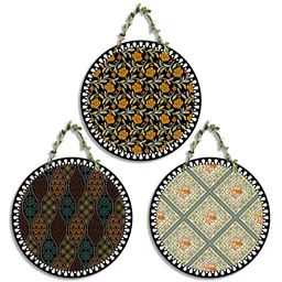 SEHAZ ARTWORKS Circle Set 3-Pcs Black & Yellow Printed Wooden Wall Hangings-picture-14