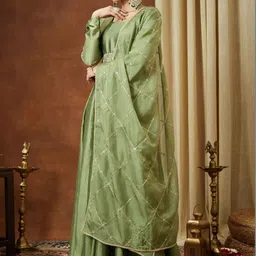 Janasya Women's Sage Green Silk Blend Embellished Gown with Dupatta image 3