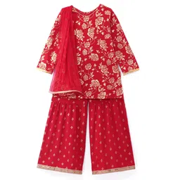 EARTHY TOUCH Single Jersey Knit Full Sleeves Foil Rose Printed Kurta Palazzo Set with Dupatta - Red image 4