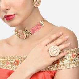 Zaveri Pearls Pink Meenakari Crystal Woven Kundan Choker Necklace Earring & Ring Set-ZPFK15089-picture-18