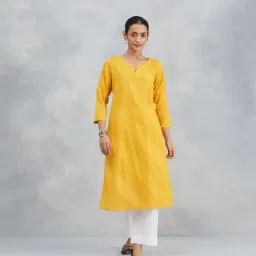 Fabindia Mustard Cotton Calf Length Kurta-image-17