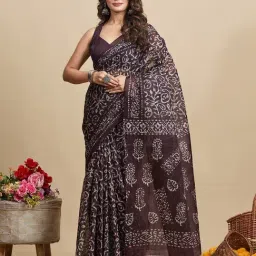 SHANVIKA Dark Brown Cotton Printed Saree Without Blouse Piece-picture-17