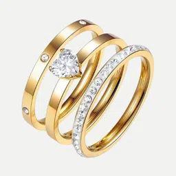 OUZEL Set Of 3 18KT Gold-Plated Stainless Steel CZ Studded Hypoallergenic Finger Rings-picture-18