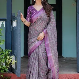 MAHARANI COUTURE Pure Linen Ethnic Motifs Printed Zari Banarasi Saree-picture-28