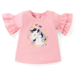 Babyhug Cotton Knit Half Sleeves Unicorn Print Top with Frill and Glitter Detailing - Pink-picture-16