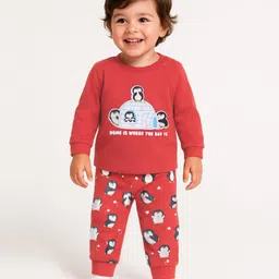 Babyoye 100% Cotton Knit Full Sleeves Night Suit With Penguin Print - Red-image-89