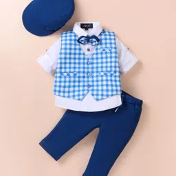 Robo Fry Lycra Knit Full Sleeves Checkered 3 Piece Party Suit With Bow & Hat - Navy Blue-picture-25