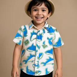Babyhug Cotton Woven Half Sleeves Shirt With Shark Print - White-picture-26