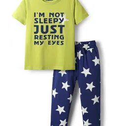 Pine Kids Single Jersey Knit Half Sleeves Night Suit with Text & Star Print - Navy Blue & Limegreen-picture-26