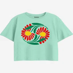 Bonkids Cotton Knit Half Sleeves Floral Printed Boxy Tee - Light Green-picture-18
