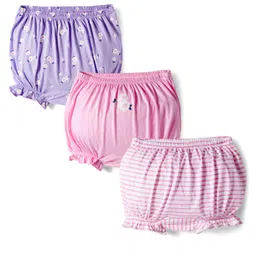 Honeyhap Premium 100% Cotton Knit with Bio Finish Bloomers with Stripe & Bow Print Pack of 3 - Lilac Sachet Bright White & Pastel Lilac-image-75