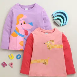BUMZEE Cotton Knit Full Sleeves T-Shirt with Dog Print Pack of 2 - Pink & Lavender --image-31