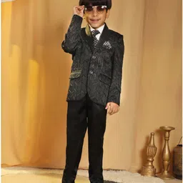 P-MARK Cotton Silk Knit Full Sleeves Sequins Embellished Threadwork Detailed 4 Piece Party Suit Set With Tie - Black-picture-25