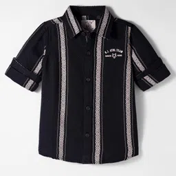 RUFF Cotton Woven Full Sleeves Shirt With Stripes & Text Print - Black-image-2