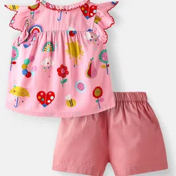 NautiNati Cotton Frill Sleeves Floral & Umbrella Printed Top & Shorts - Pink image 3