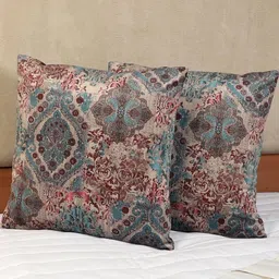 Decoghar Blue & Maroon 2 Pieces Floral Printed Velvet Square Cushion Covers-picture-15
