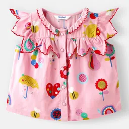 NautiNati Cotton Frill Sleeves Floral & Umbrella Printed Top & Shorts - Pink image 4