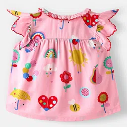 NautiNati Cotton Frill Sleeves Floral & Umbrella Printed Top & Shorts - Pink image 5