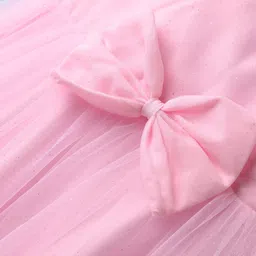 Babyhug Woven Frill Sleeves Mesh Party Dress with Bow Applique & Glitter Print - Pink image 4