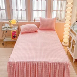 JC HOME Pink & White Geometric 150 TC Fitted King Bedsheet with 2 Pillow Covers-picture-14