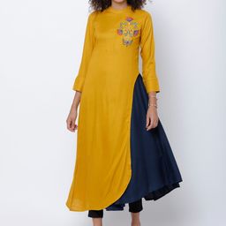 Vishudh Women Mustard & Navy Blue Solid Layered A-Line Kurta-picture-17