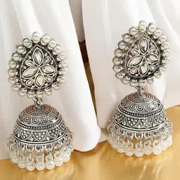 Sangria Stone Studded & Pearls Beaded Oxidised Dome Shaped Jhumkas-picture-28